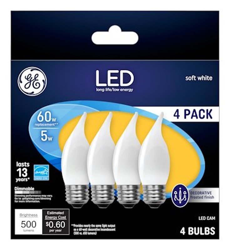 GE GE 93129351 LED Bulb, Flame Lamp, 60 W Equivalent, Medium Lamp Base, Dimmable, Frosted, Warm White Light