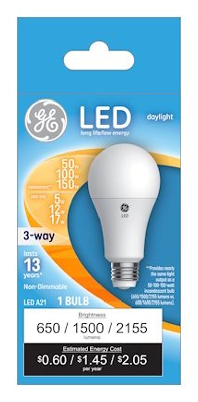 GE GE 93129882 LED Light Bulb, 3-Way, A21 Lamp, 50, 100, 150 W Equivalent, E26 Medium Lamp Base, White, Daylight Light ELECTRICAL GE