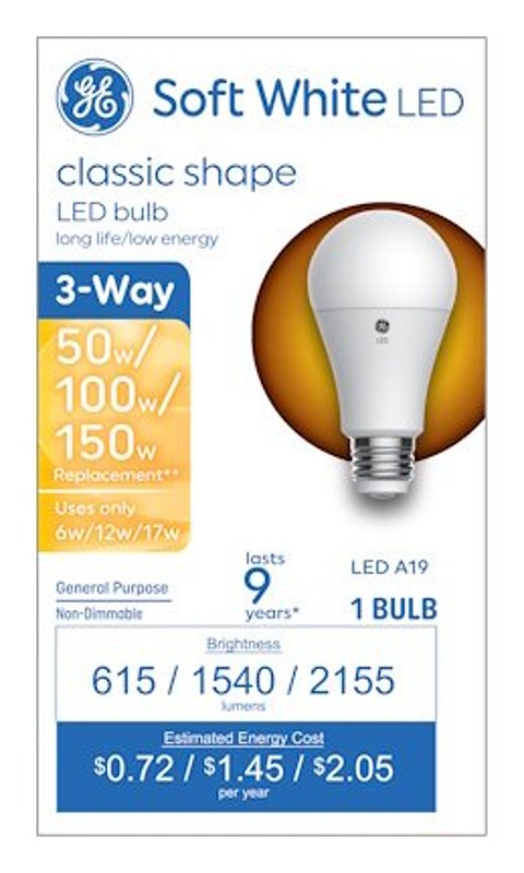 GE GE 93130566 LED Bulb, 3-Way, A19 Lamp, 50/100/150 W Equivalent, Medium Lamp Base, Soft White Light, 2700 K Color Temp ELECTRICAL GE