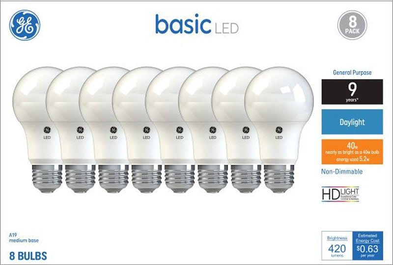 GE GE 37035 LED Light Bulb, A19 Lamp, 40 W Equivalent, E26 Medium Screw Lamp Base, No, Diffuse, Daylight, 5000 K Color Temp ELECTRICAL GE