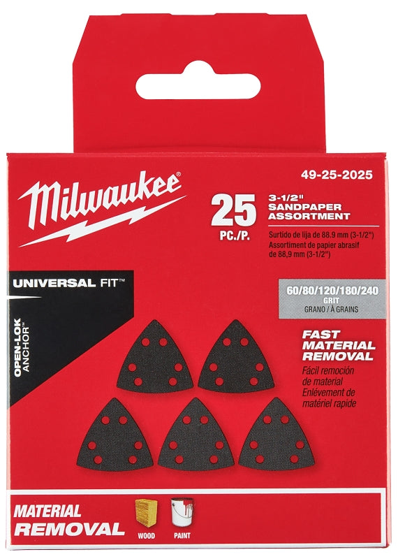 MILWAUKEE Milwaukee 49-25-2025 Triangle Sandpaper Variety Pack, 60, 80, 120, 180, 240 Grit, Silicon Carbide Abrasive, 3-1/2 in L
