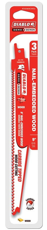 DIABLO Diablo DS0906CWS3 Reciprocating Saw Blade, Applicable Materials: Wood, 9 in L, 6/9 TPI, Carbide Cutting Edge TOOLS DIABLO