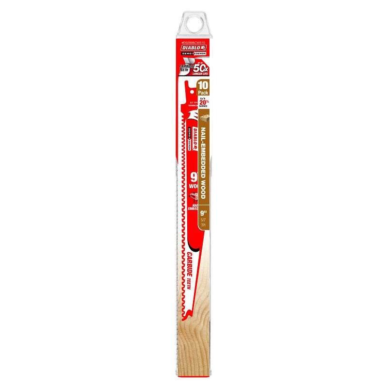 DIABLO Diablo Demo Demon DS0906CWS10 Reciprocating Saw Blade, Applicable Materials: Clean Wood, 1 in W, 9 in L, 5, 7 TPI, 10/PK