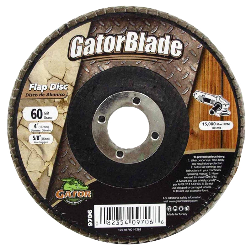 GATOR GatorBlade 9706 Flap Disc, 4 in Dia, 5/8 in Arbor, 60 Grit, Zirconium Oxide Abrasive
