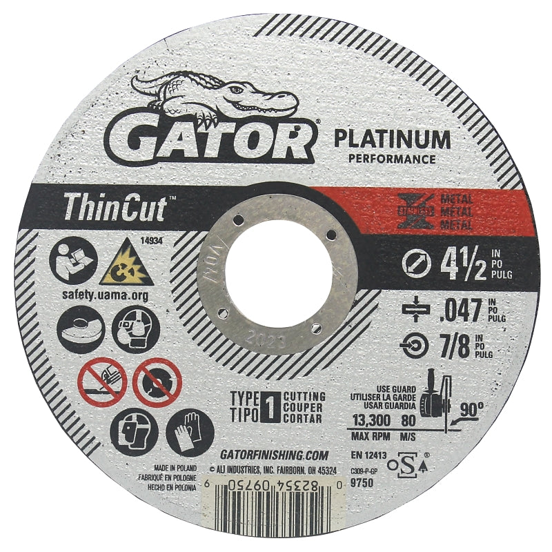GATOR Gator 9750 Cut-Off Wheel, 4-1/2 in Dia, 0.047 in Thick, Aluminum Oxide Abrasive, 7/8 in Arbor
