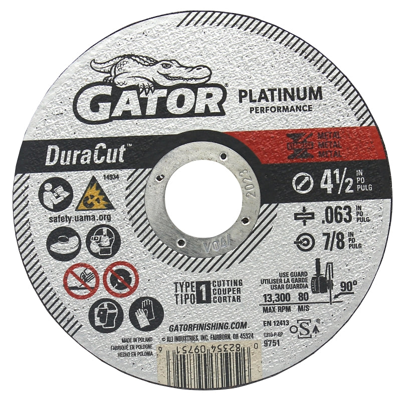 GATOR Gator 9751 Cut-Off Wheel, 4-1/2 in Dia, 0.063 Thick, Aluminum Oxide Abrasive, 7/8 in Arbor TOOLS GATOR