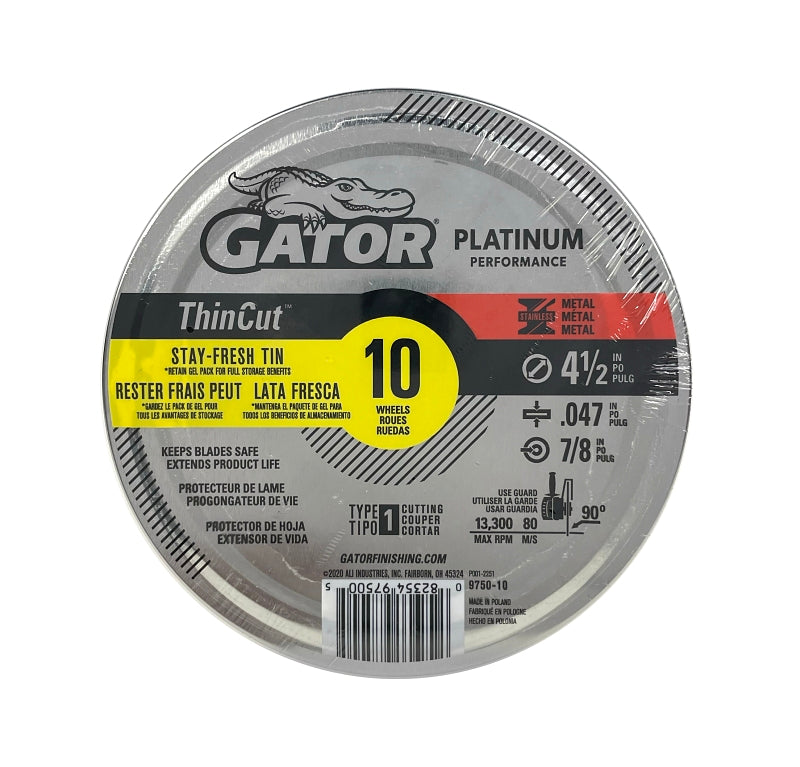 GATOR Gator 975010 Cut-Off Wheel, 4-1/2 in Dia, 0.047 in Thick, 7/8 in Arbor, Aluminum Oxide Abrasive TOOLS GATOR