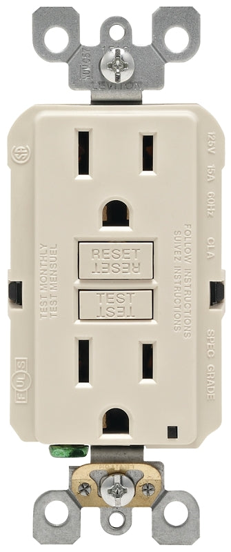 LEVITON Leviton R06-GFNT1-0KT GFCI Duplex Receptacle, 2 -Pole, 15 A, 125 V, Back, Side Wiring, NEMA: 5-15R, Light Almond