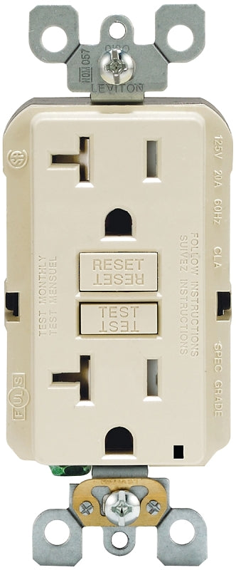 LEVITON Leviton R96-GFTR2-0KT GFCI Duplex Receptacle, 2 -Pole, 20 A, 125 V, Back, Side Wiring, NEMA: 5-20R, Light Almond