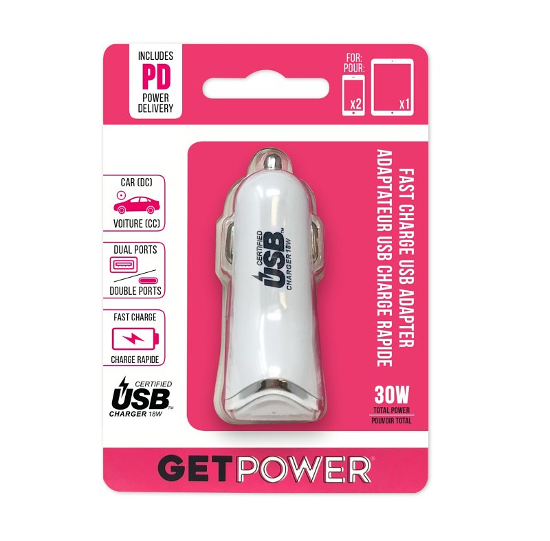 GET POWER GetPower GP-DC2USB-PD Dual Port DC Car Adapter, 2.4 A Output, White Housing AUTOMOTIVE GET POWER