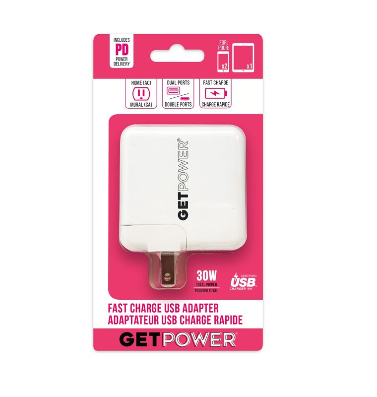 GET POWER GetPower GP-AC2USB-PD USB AC Adapter, 2 -USB Port, White