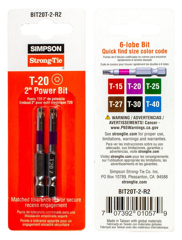SIMPSON STRONG-TIE Simpson Strong-Tie BIT20T-2-R2 Driver Bit, T20 Drive, 6-Lobe Drive, 1/4 in Shank, Hex Shank, 2 in L, Steel HARDWARE & FARM SUPPLIES SIMPSON STRONG-TIE