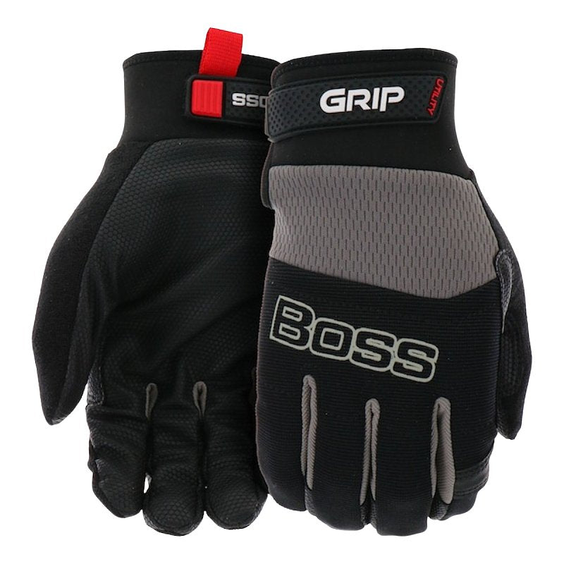 BOSS MFG Boss Utility B52334-L Gloves, Men's, L, 8 to 8-3/8 in L, Reinforced Thumb, Hook and Loop Cuff, Black