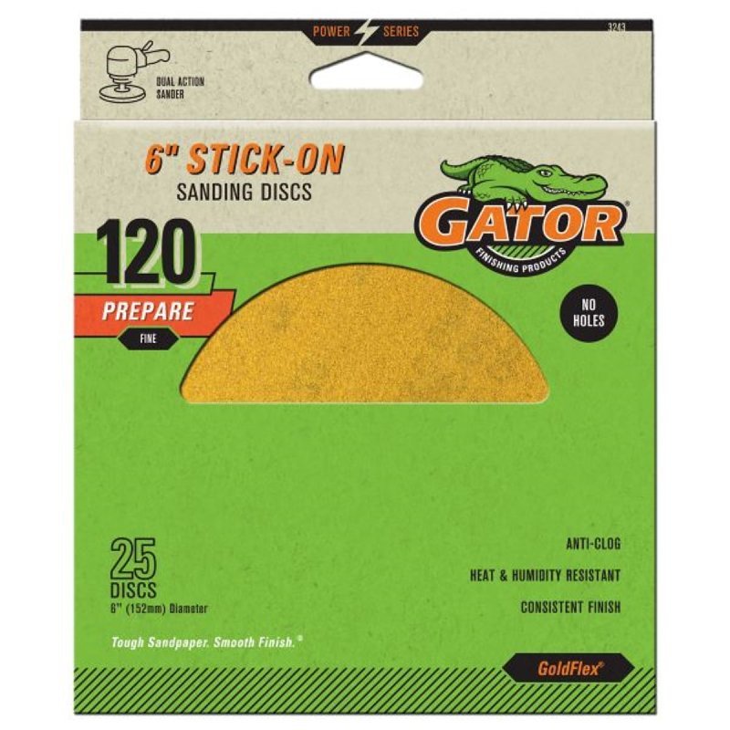 GATOR Gator GoldFlex 3243 Sanding Disc, 6 in Dia, Coated, 120 Grit, Fine, Aluminum Oxide Abrasive, Paper Backing