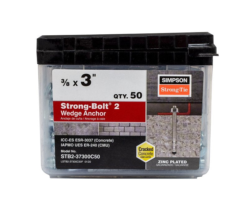 SIMPSON STRONG-TIE Simpson Strong-Tie Strong-Bolt 2 STB2-37300C50 Wedge Anchor, 3/8 in Dia, 3 in L, Carbon Steel, Zinc Plated