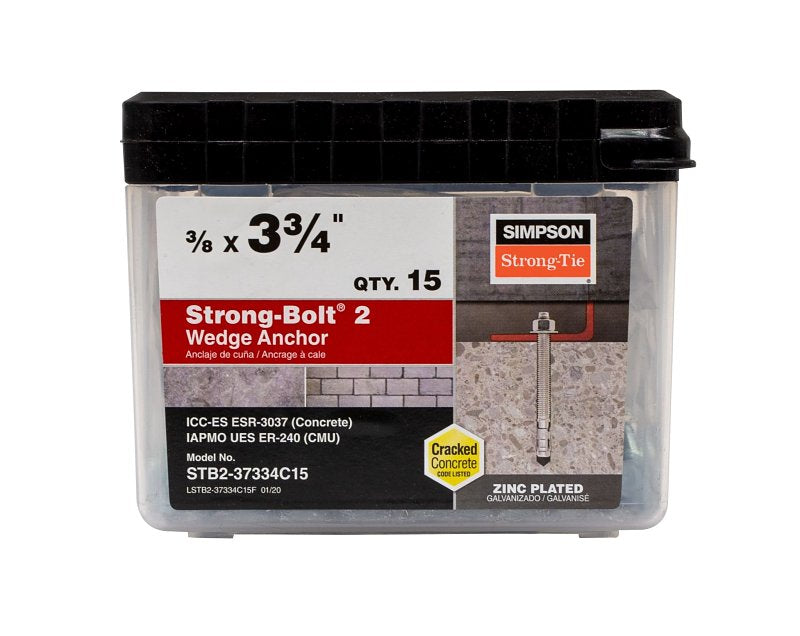 SIMPSON STRONG-TIE Simpson Strong-Tie Strong-Bolt 2 STB2-37334C15 Wedge Anchor, 3/8 in Dia, 3-3/4 in L, Carbon Steel, Zinc Plated