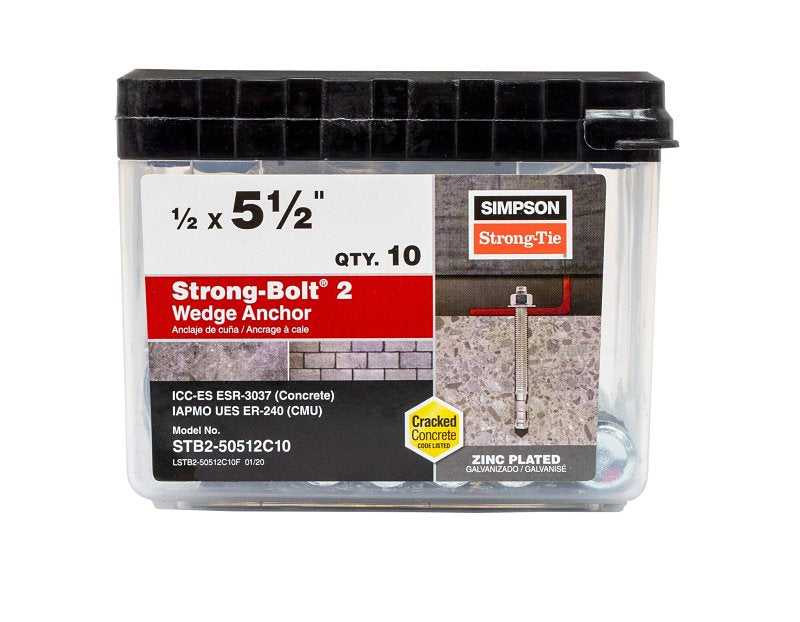 SIMPSON STRONG-TIE Simpson Strong-Tie Strong-Bolt 2 STB2-50512C10 Wedge Anchor, 1/2 in Dia, 5-1/2 in L, Carbon Steel, Zinc Plated