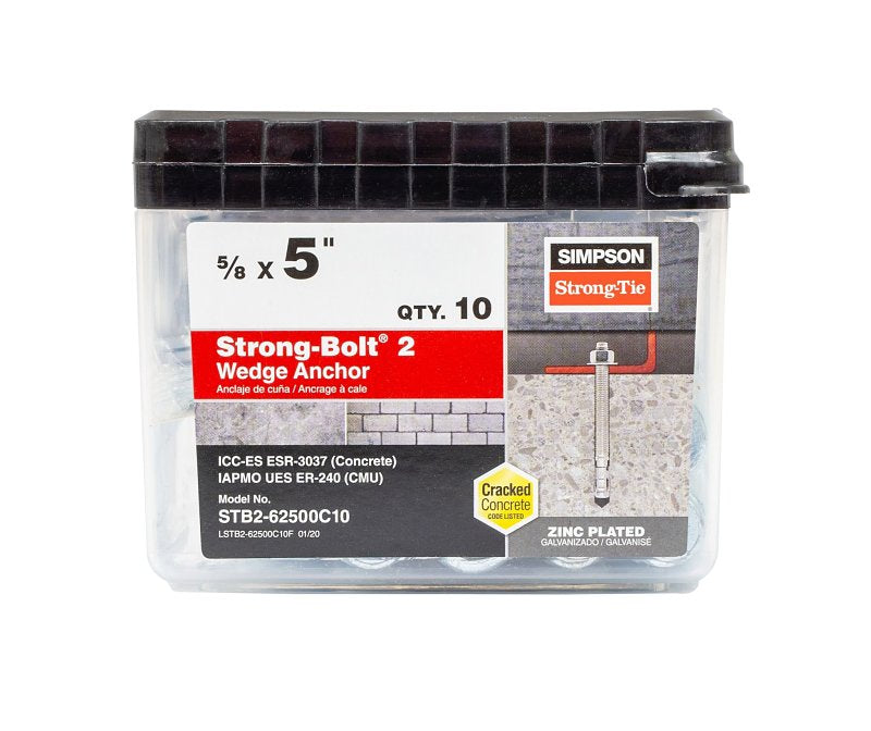 SIMPSON STRONG-TIE Simpson Strong-Tie Strong-Bolt 2 STB2-62500C10 Wedge Anchor, 5/8 in Dia, 5 in L, Carbon Steel, Zinc Plated