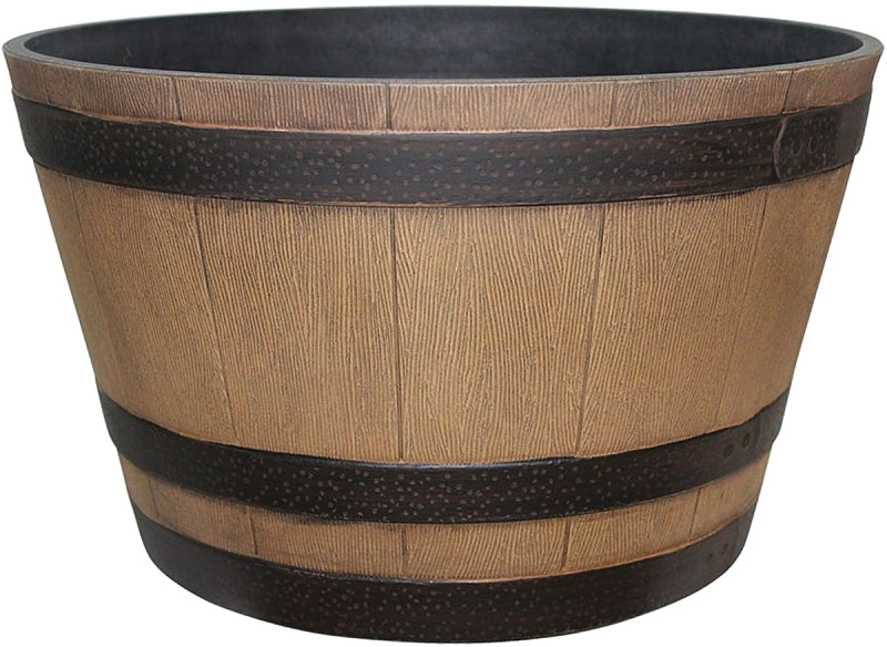 SOUTHERN PATIO Southern Patio HDR-055440 Planter, 15.4 in H, 15.4 in W, 9.1 in D, Round, Whiskey Barrel Design, Plastic, Natural Oak