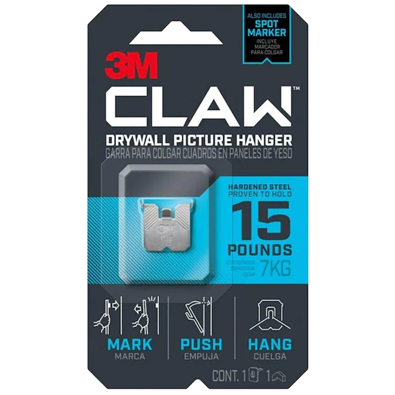 CLAW 3M CLAW 3PH15M-1ES Drywall Picture Hanger, 15 lb, Steel, Push-In, 1/PK