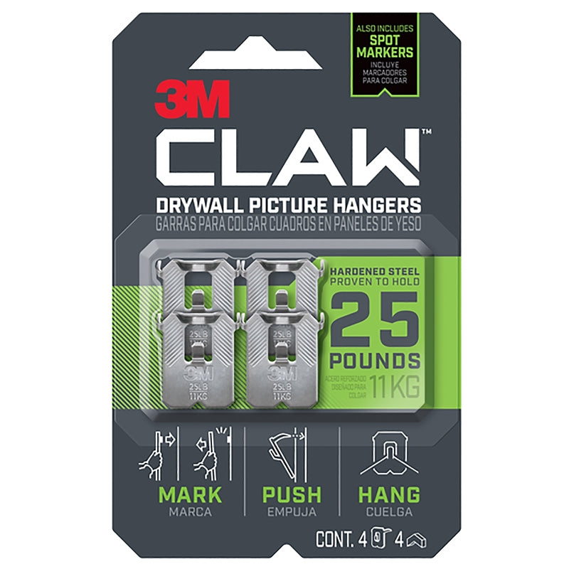 CLAW 3M CLAW 3PH25M-4ES Drywall Picture Hanger, 25 lb, Steel, Push-In, 4/PK