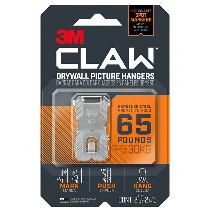 CLAW 3M CLAW 3PH65M-2ES Picture Hanger, 65 lb, Steel, 1/8 in Projection, Wall Mounting