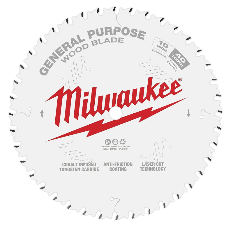 MILWAUKEE Milwaukee 48-40-1024 Circular Saw Blade, 10 in Dia, 5/8 in Arbor, 40-Teeth, Carbide Cutting Edge, 1/PK