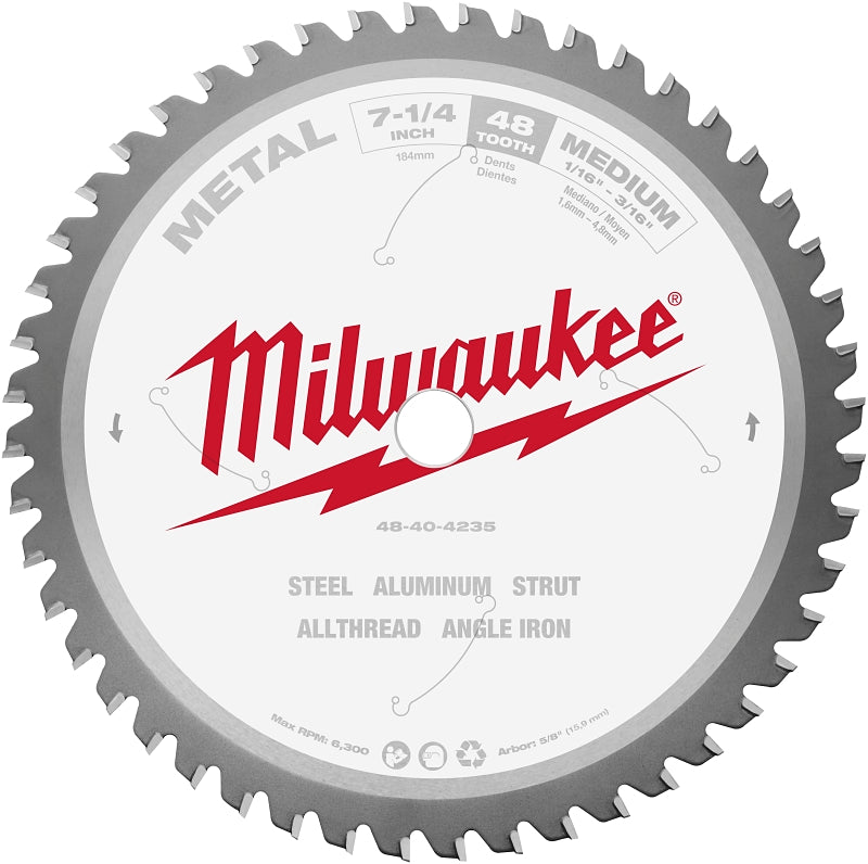 MILWAUKEE Milwaukee 48-40-4235 Circular Saw Blade, 7-1/4 in Dia, 5/8 in Arbor, 48-Teeth, Carbide Cutting Edge