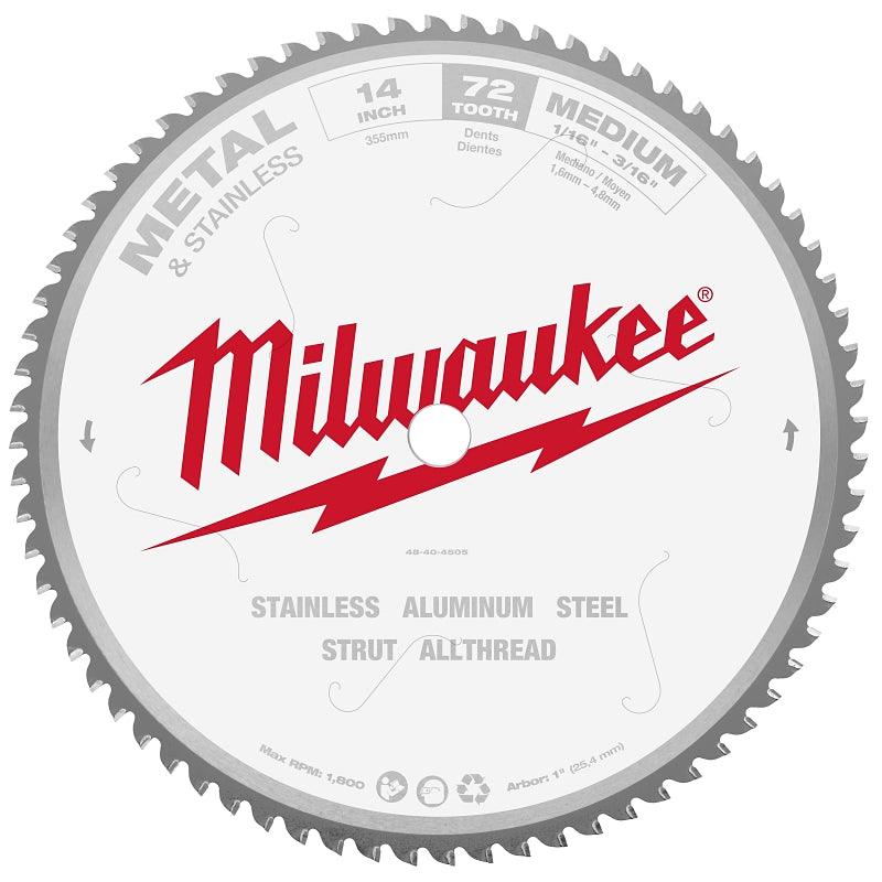 MILWAUKEE Milwaukee 48-40-4505 Circular Saw Blade, 14 in Dia, 1 in Arbor, 72-Teeth, Carbide Cutting Edge TOOLS MILWAUKEE