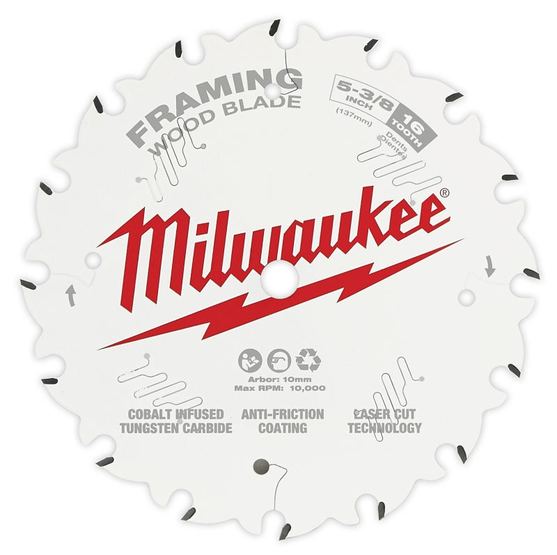 MILWAUKEE Milwaukee 48-40-0522 Circular Saw Blade, 5-3/8 in Dia, 10 mm Arbor, 16-Teeth, Carbide Cutting Edge
