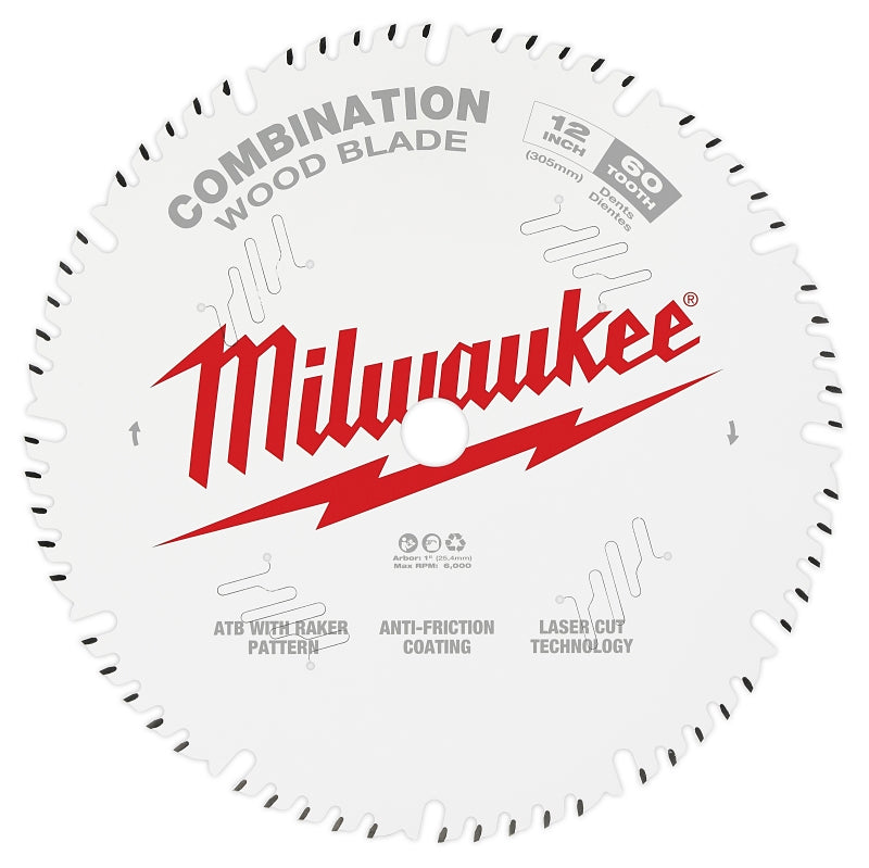 MILWAUKEE Milwaukee 48-40-1222 Circular Saw Blade, 12 in Dia, 1 in Arbor, 60-Teeth, Carbide Cutting Edge, 1/PK