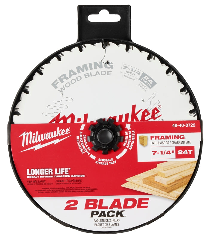 MILWAUKEE Milwaukee 48-40-0722 Circular Saw Blade, 7-1/4 in Dia, 5/8 in Arbor, 24-Teeth, Carbide Cutting Edge, 2/PK TOOLS MILWAUKEE