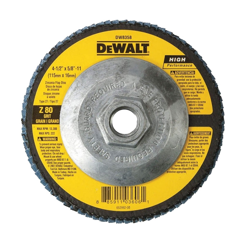 DEWALT DEWALT DW8358 Flap Disc, 4-1/2 in Dia, 5/8-11 Arbor, Coated, 80 Grit, Medium, Zirconia Abrasive, Fiberglass Backing TOOLS DEWALT
