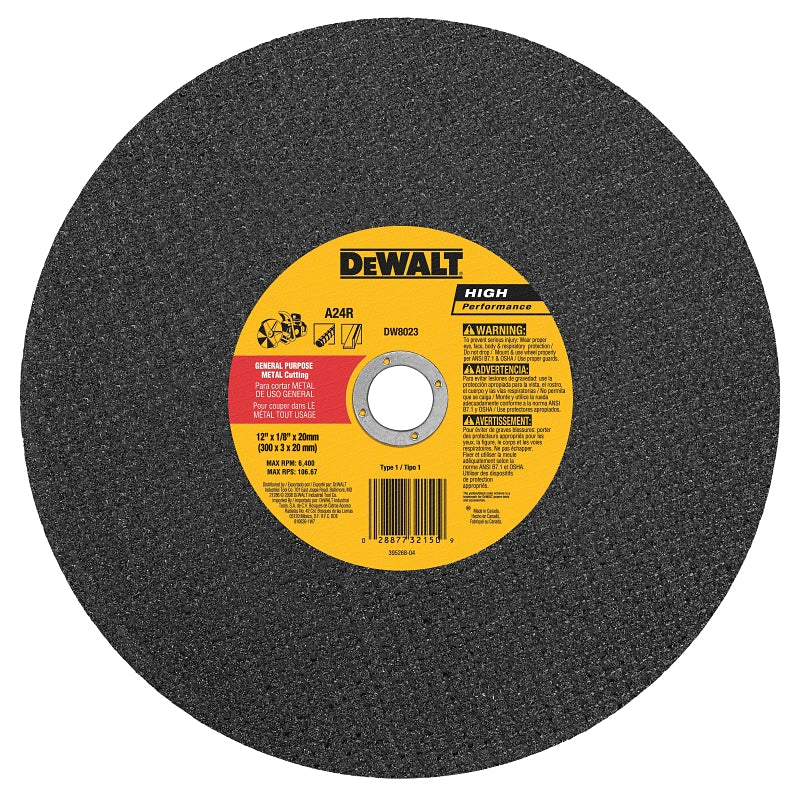 DEWALT DEWALT DW8023 Cutting Wheel, 12 in Dia, 1/8 in Thick, 20 in Arbor, 24 Grit, Aluminum Oxide Abrasive