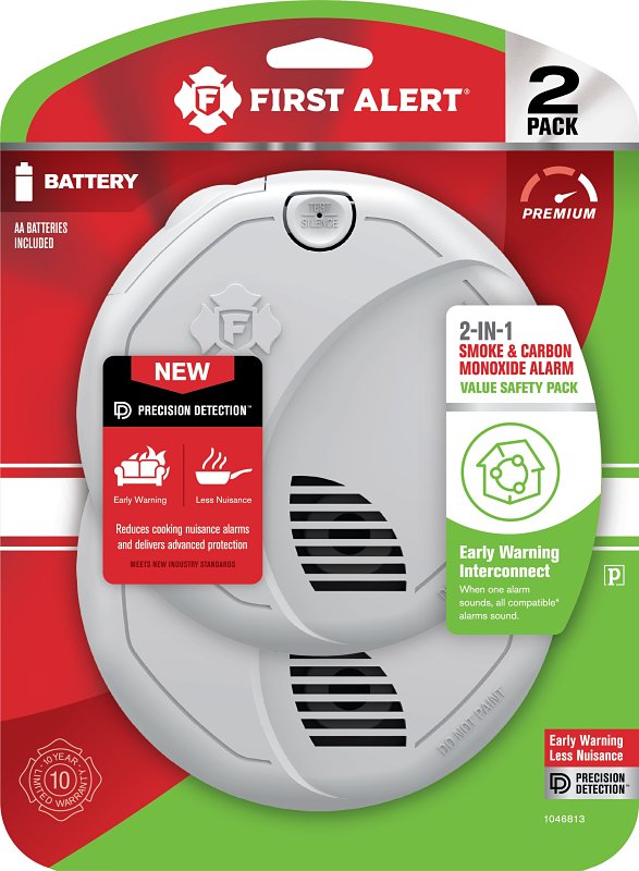 FIRST ALERT First Alert 1046813 Smoke and Carbon Monoxide Alarm, Alarm: Voice, Electrochemical, Photoelectric Sensor