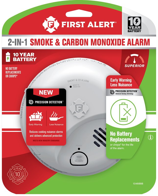 FIRST ALERT First Alert 1046888 Smoke and Carbon Monoxide Alarm, 85 dBA, Ionization Sensor, White
