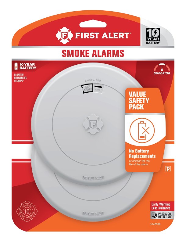 FIRST ALERT First Alert 1046736 Smoke Alarm, Photoelectric Sensor, 85 dB, Alarm: Audible, White