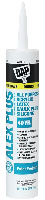 DAP DAP 18152 Acrylic Latex Caulk with Silicone, White, -20 to 180 deg F, 10.1 fl-oz Cartridge PAINT DAP