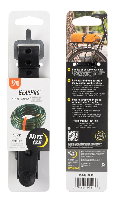 NITE IZE Nite Ize GearPro USS18-01-R3 Utility Strap, 0.92 in W, 18 in L, 70 lb Working Load, Aluminum/Rubber, Black
