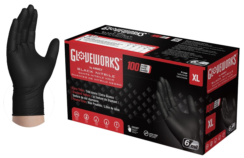 AMMEX Gloveworks GWBN48100 Heavy-Duty Disposable Gloves, XL, Nitrile, Powder-Free, Black, 9-1/2 in L