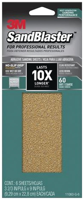 3M 3M SandBlaster Series 11060-G-6 Sandpaper, 9 in L, 3-2/3 in W, 60 Grit, Coarse, Synthetic Mineral Abrasive PAINT 3M