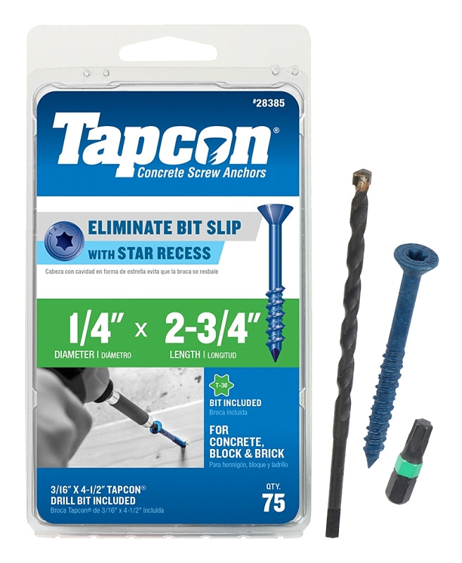 TAPCON Tapcon 28385 Concrete Screw Anchor, T30 Screw, 1/4 in Dia, 2-3/4 in L, Steel, Climaseal, 75/PK HARDWARE & FARM SUPPLIES TAPCON