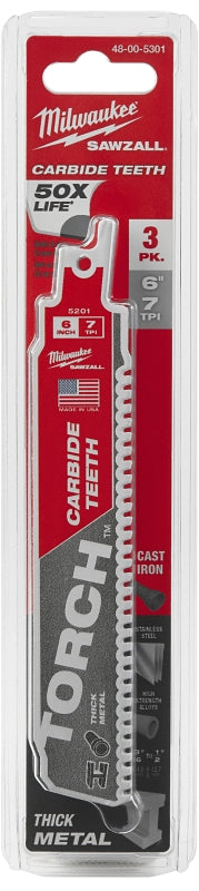 MILWAUKEE Milwaukee TORCH 48-00-5301 Series Reciprocating Saw Blade, 1 in W, 6 in L, 7 TPI, Carbide Cutting Edge, 3/PK TOOLS MILWAUKEE