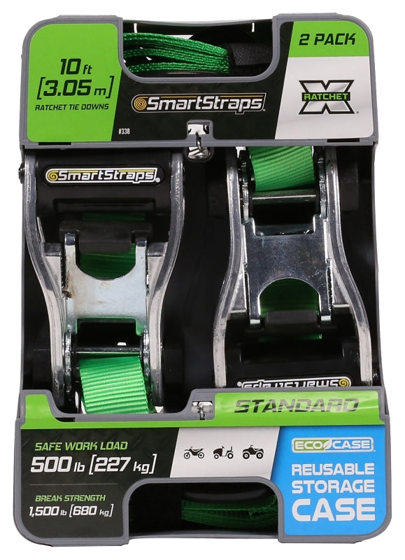 SMARTSTRAP SmartStrap 338 Tie-Down, 1 in W, 10 ft L, Polyester, Green, 500 lb, S-Hook End Fitting, Steel End Fitting