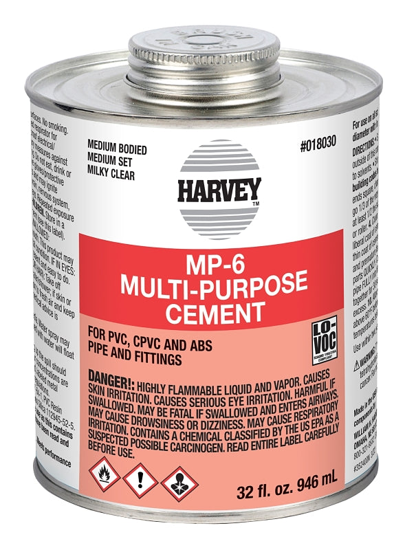 HARVEY Harvey MP-6 Series 18030-12 Multi-Purpose Cement, 32 oz Can, Liquid, Milky Clear PLUMBING, HEATING & VENTILATION HARVEY