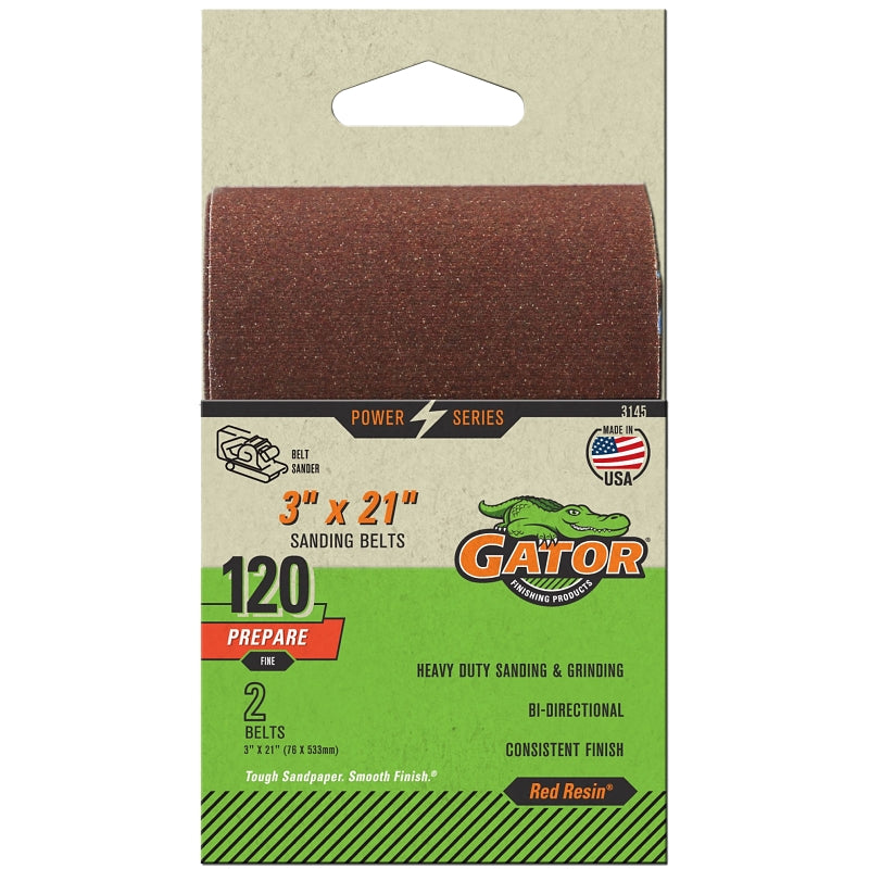 GATOR Gator Red Resin 3145 Sanding Belt, 3 in W, 21 in L, 120 Grit, Fine, Aluminum Oxide Abrasive