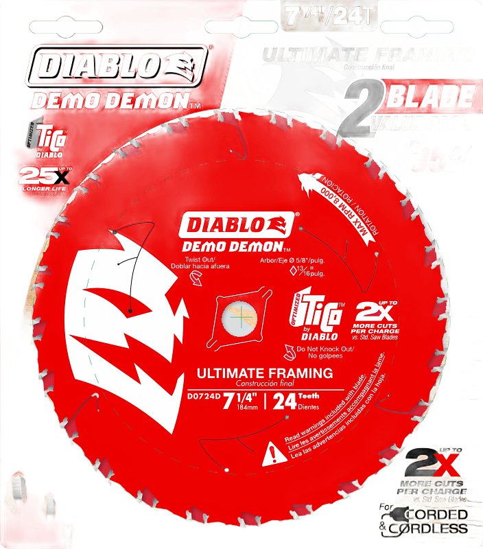 DIABLO Diablo Demo Demon D0724DVPX Circular Saw Blade, 7-1/4 in Dia, 5/8 in Arbor, 24-Teeth, Carbide Cutting Edge TOOLS DIABLO