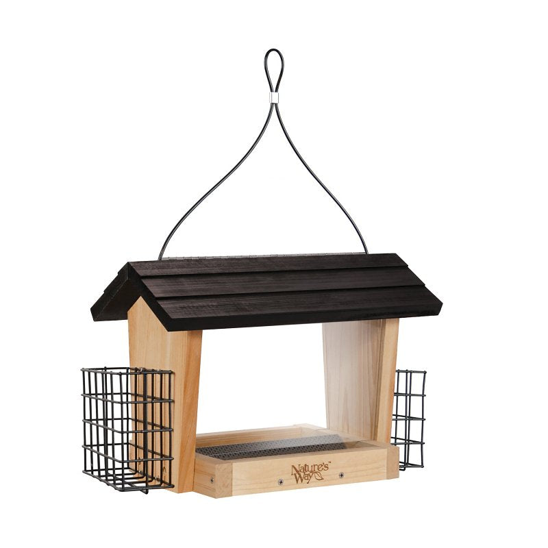 NATURE'S WAY BIRD PRODU Nature's Way CWF19 Hopper Bird Feeder, 6 qt, Mixed Seeds, Suet Cake, Sunflower Seed, 1-Port/Perch, Cedar/Steel