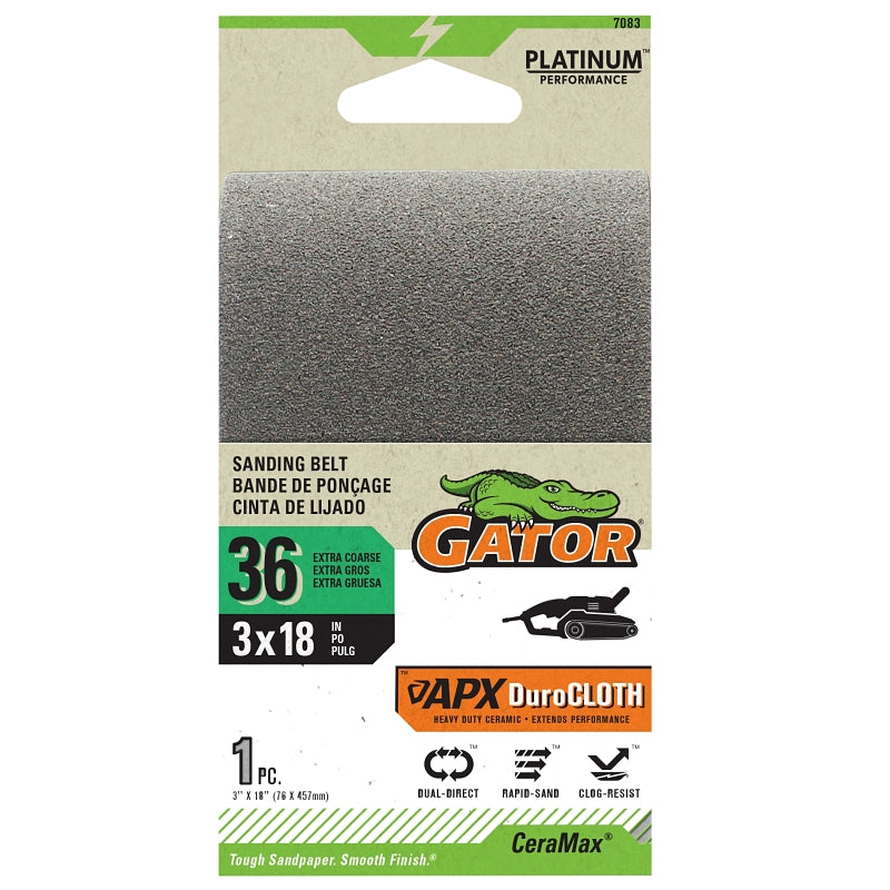 GATOR Gator CeraMax 7083 Portable Sander Belt, 3 in W, 18 in L, 36 Grit, Ceramic Abrasive