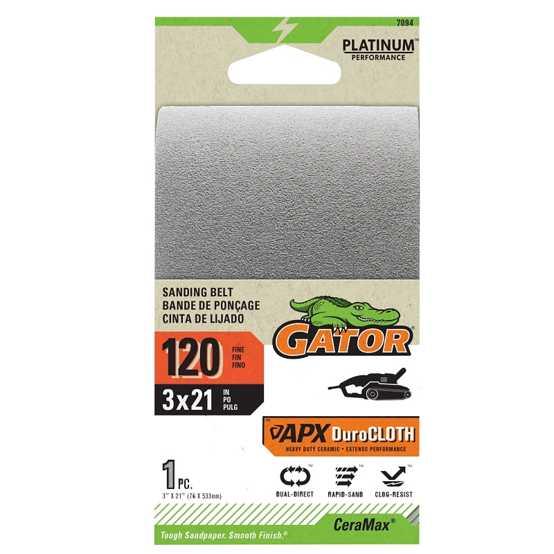 GATOR Gator 7094 Portable Sander Belt, 3 in W, 21 in L, 120 Grit, Ceramic Abrasive